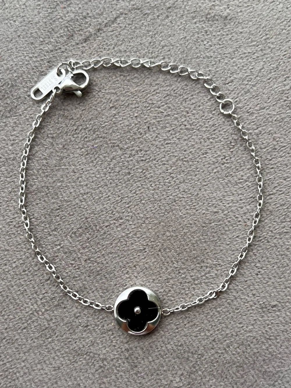 Silver Stainless Steel Chain Bracelet with Black Flower Clover Charm